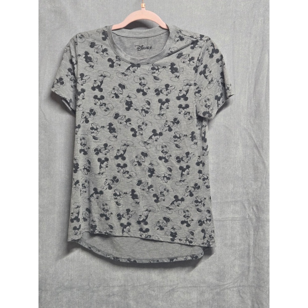 Disney Mickey Mouse All Over Print T-Shirt Gray Short Sleeve High Low Hem Small